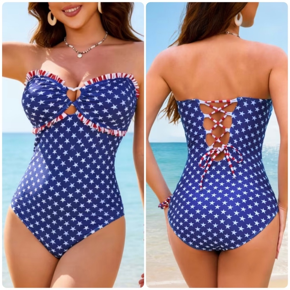 American Flag Stars Stripes Bandeau Ruffle Trim Swimsuit with Removable Straps - Picture 1 of 12